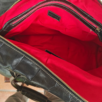 Dooney & Bourke Black Croc Embossed Medicine Bag Leather Satchel Red Lining