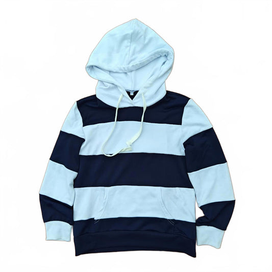 Navy Blue & White Striped Hoodie Sweatshirt Pullover Kangaroo Pocket Unisex