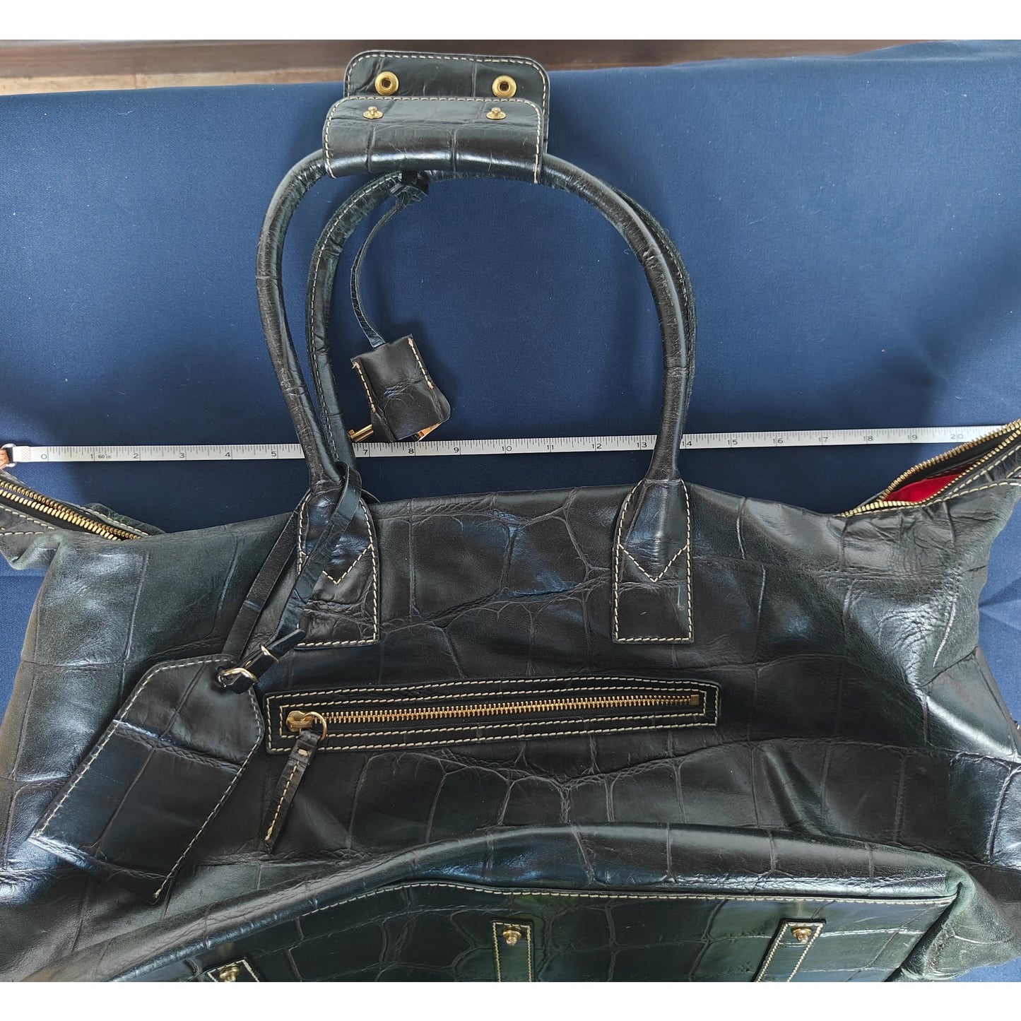 Dooney & Bourke Black Croc Embossed Medicine Bag Leather Satchel Red Lining