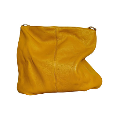 Laggo Pebbled Leather Hobo Shoulder Bag Mustard Yellow – Zip Top, Studded Front Pocket, Gold Hardware