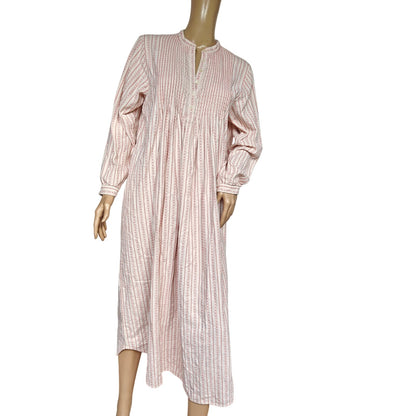 L.L.Bean Cotton Nightgown M – cream/red stripe, long-sleeve Henley, maxi