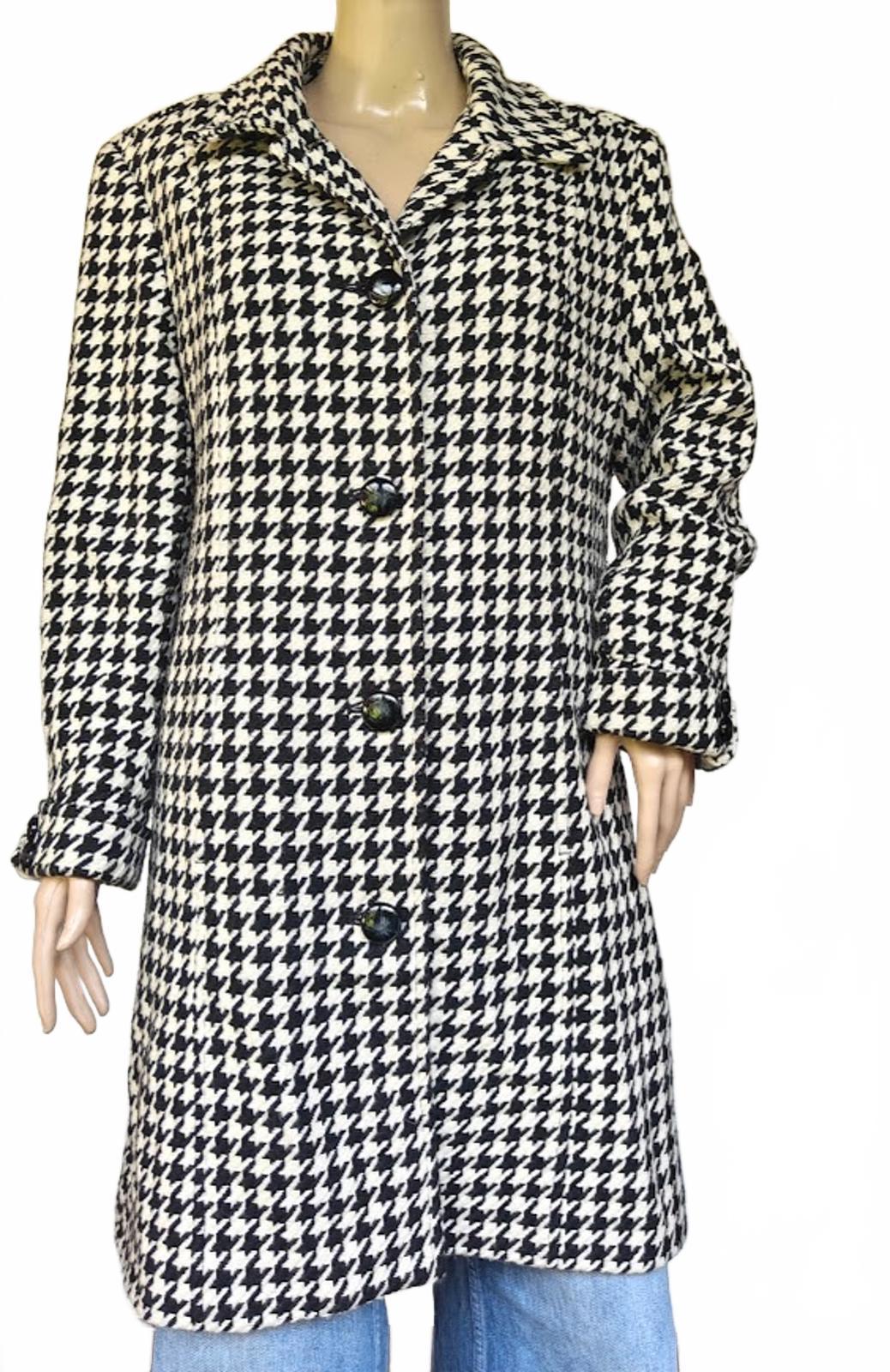 Black White Houndstooth Wool Coat Women’s Size L