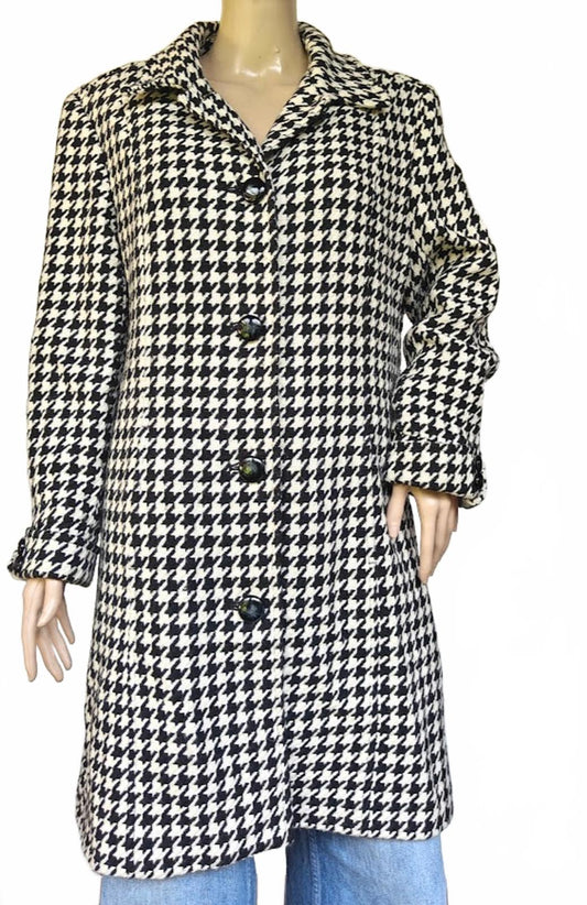 Black White Houndstooth Wool Coat Women’s Size L
