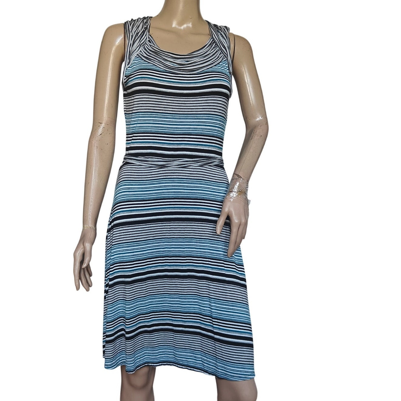 Max Studio striped knit dress M teal/black cowl neck sleeveless, stretch