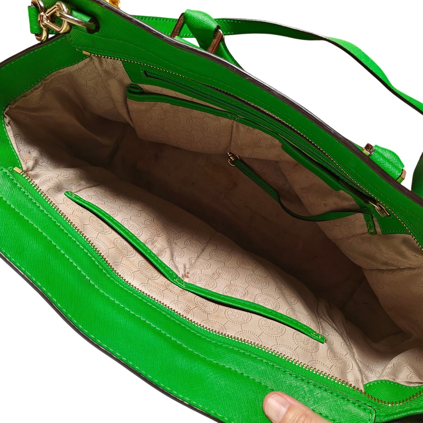 Michael Kors Saffiano Leather Satchel – Kelly Green Structured Zip-Top Tote/Crossbody, Gold Hardware