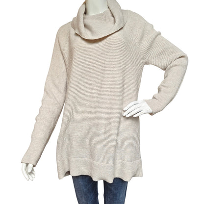 LOFT Cowl Neck Ribbed Tunic Sweater L Oatmeal Beige Longline Knit