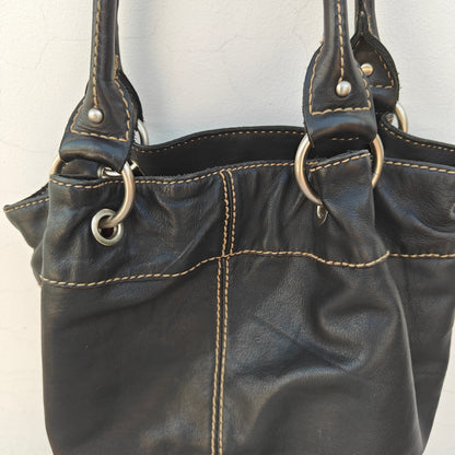 Tignanello Black Leather Shoulder Bag Tote – Contrast Stitch & Ring Hardware
