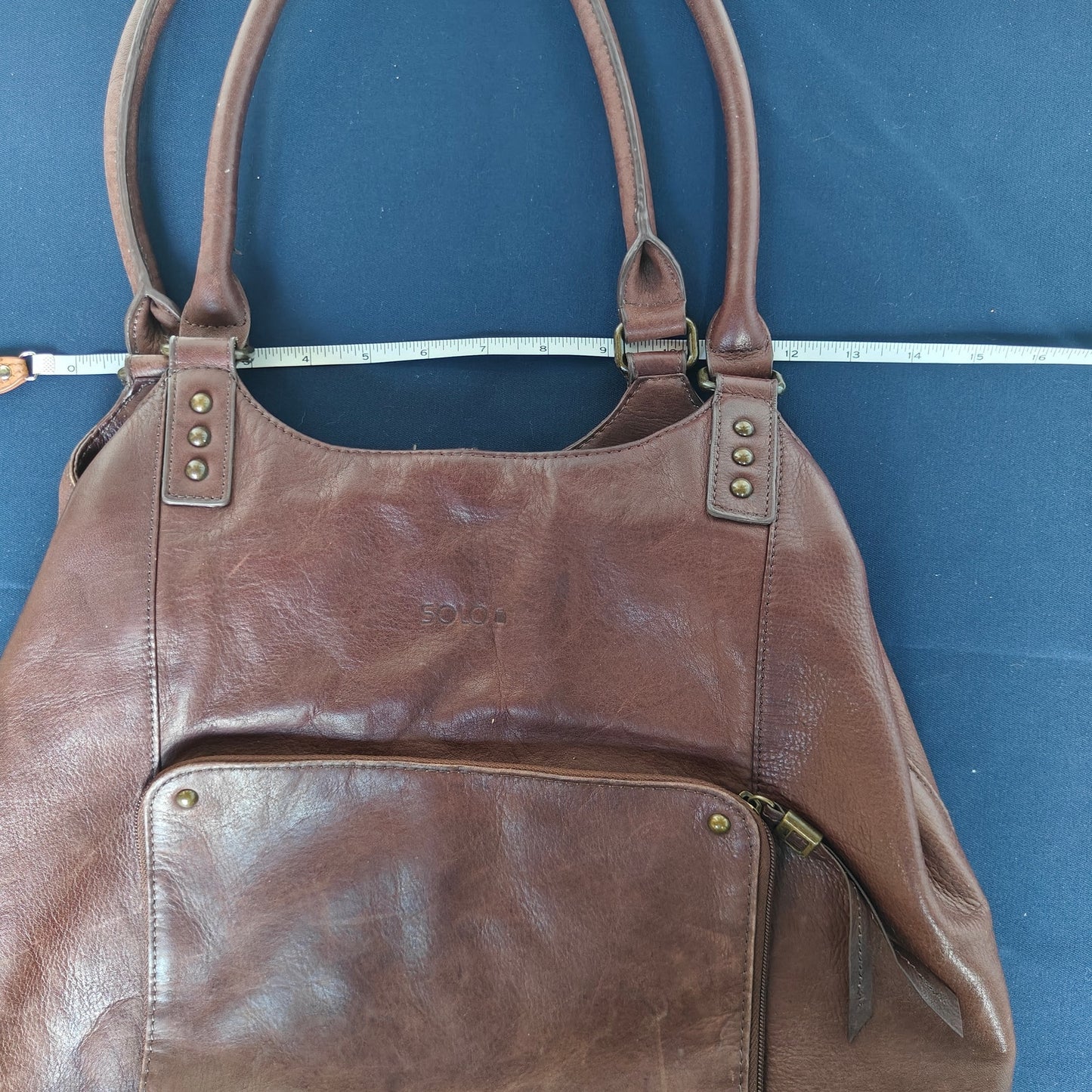 Solo Leather Tote Bag Brown Shoulder Work Laptop Carryall with Front Pocket