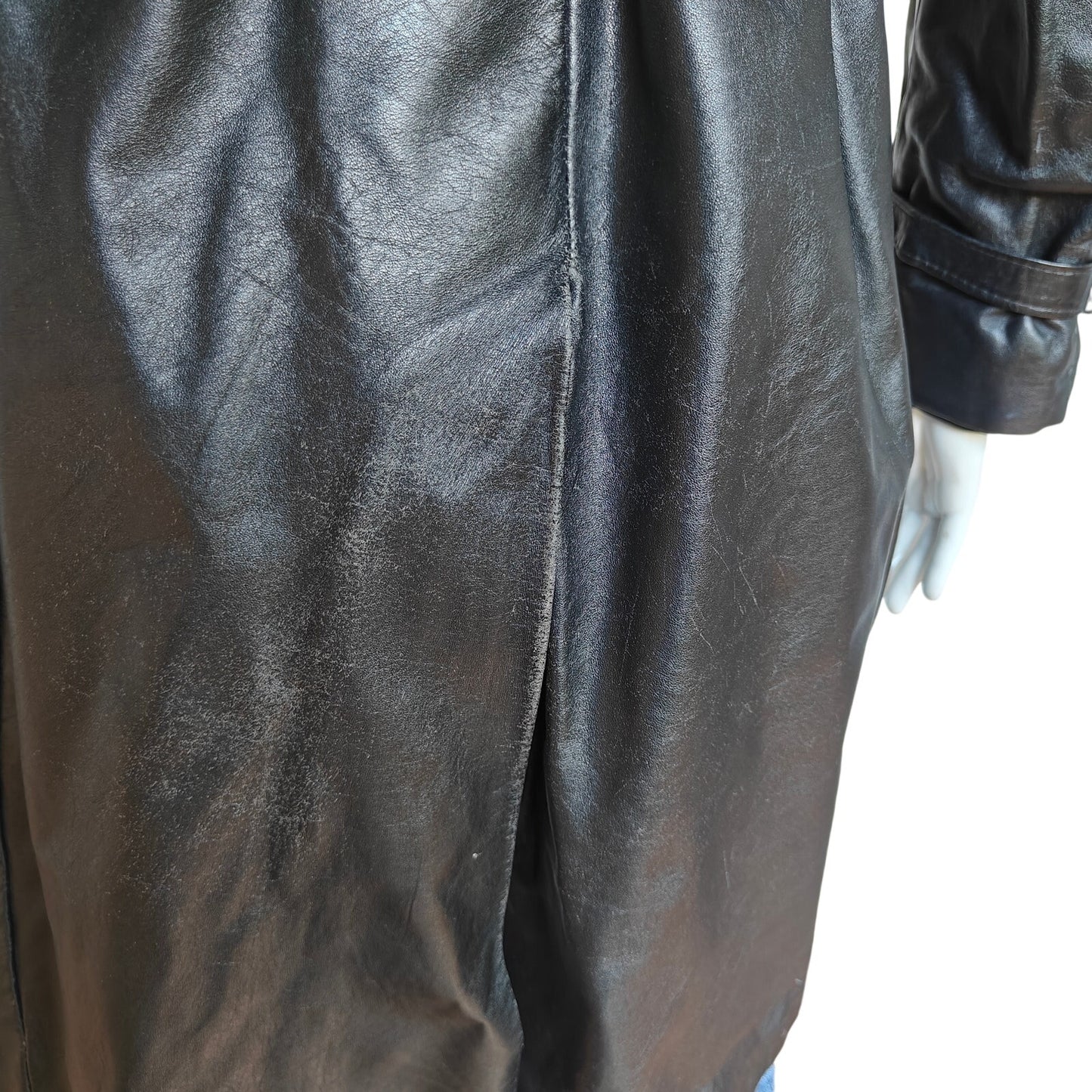 Men’s Black Leather Trench Coat Belted Zip-Out Liner Size 42 Military Style