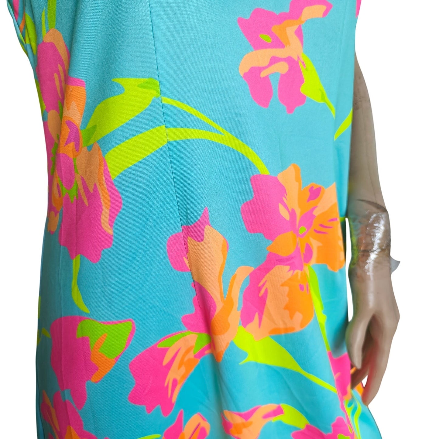Gretchen Scott floral sleeveless shift dress M tropical turquoise pink