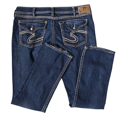Silver Jeans Co. Berkley Flap Bootcut Jeans Dark Wash Distressed Size 28