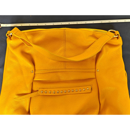 Laggo Pebbled Leather Hobo Shoulder Bag Mustard Yellow – Zip Top, Studded Front Pocket, Gold Hardware