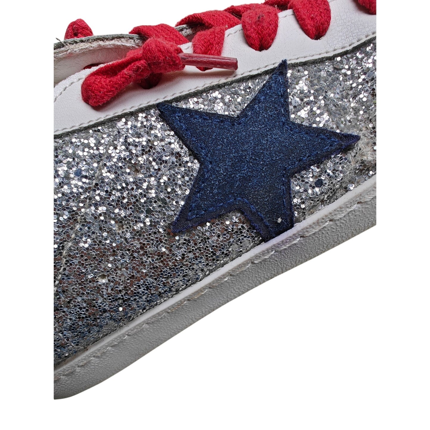 Betsy Glitter Star Sneakers Red Laces White Silver Gold Low Top Casual Shoes 10