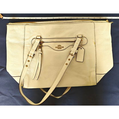 Coach Pebbled Leather Zip-Top Tote Bag – Chalk/Off-White, Gold Hardware, Front Zip Pocket & Hangtag