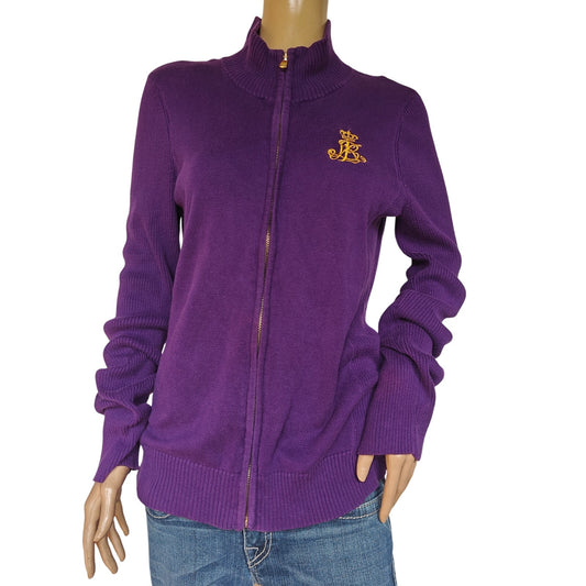 Lauren Ralph Lauren Purple Cotton Zip Cardigan Sweater M Crest Logo