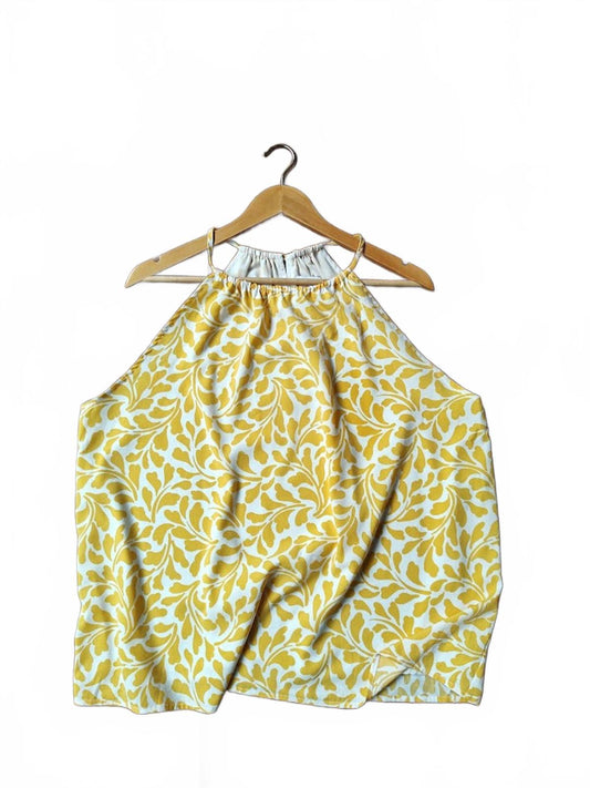 Bar III Leaf-Print Yellow Halter Top - Size XL