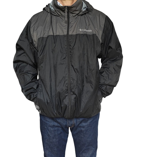 Columbia Men’s Hooded Rain Jacket Black/Gray Lightweight Windbreaker – Size L