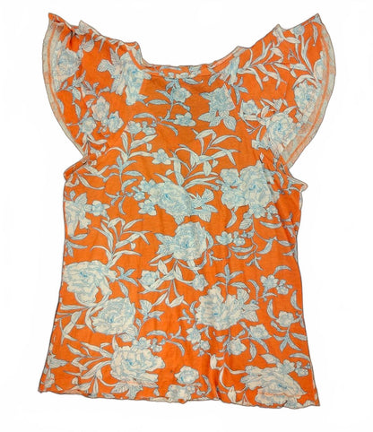 PRC Orange Floral Ruffle-Sleeve Blouse - Size S