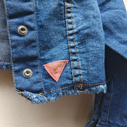 GUESS Girls 3T Cropped Denim Jacket Raw Hem Logo Patch Stretch Jean Buttons Blue