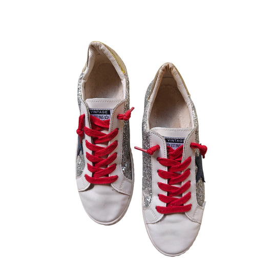 Betsy Glitter Star Sneakers Red Laces White Silver Gold Low Top Casual Shoes 10