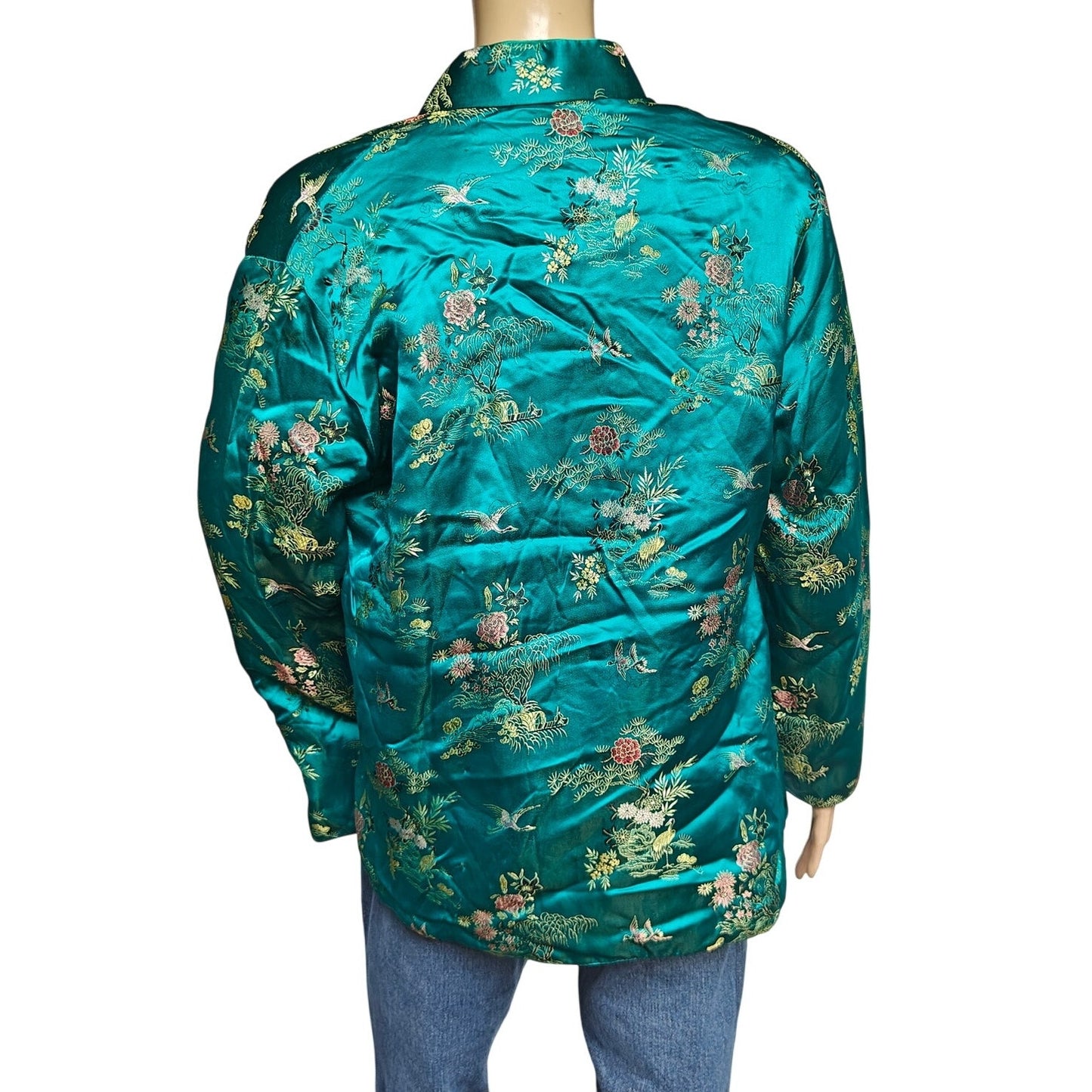 Vintage Imperial Hong Kong Teal Satin Brocade Jacket Floral Embroidered M