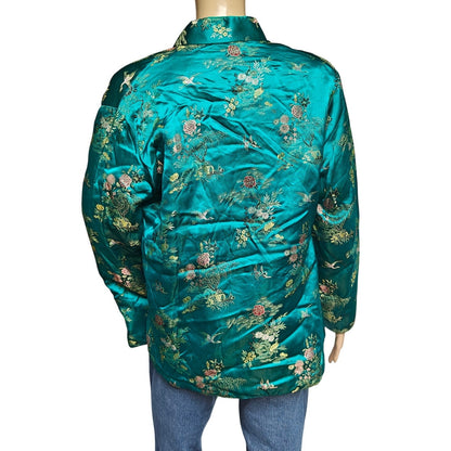 Vintage Imperial Hong Kong Teal Satin Brocade Jacket Floral Embroidered M
