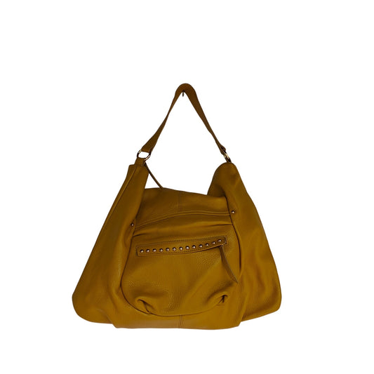 Laggo Pebbled Leather Hobo Shoulder Bag Mustard Yellow – Zip Top, Studded Front Pocket, Gold Hardware