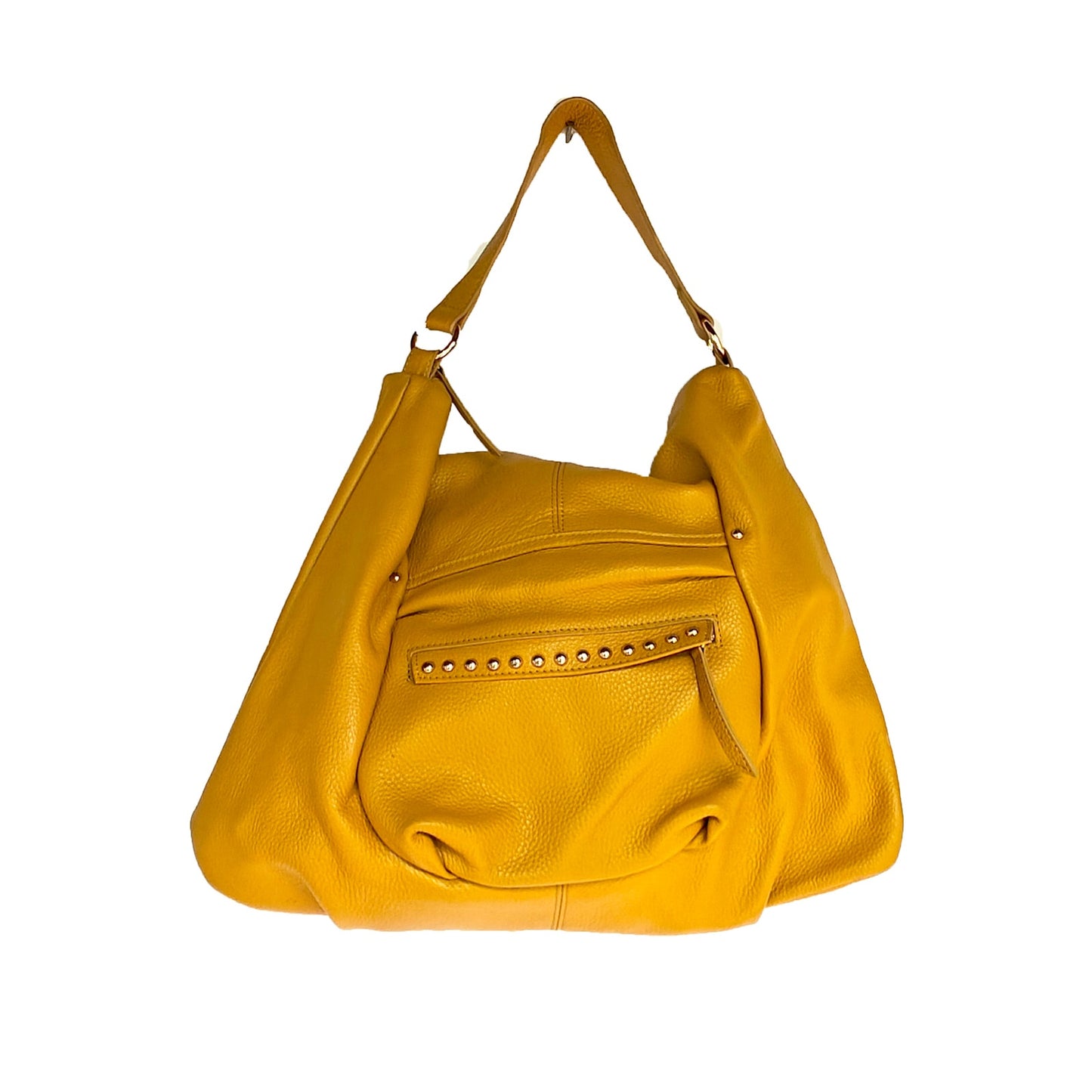Laggo Pebbled Leather Hobo Shoulder Bag Mustard Yellow – Zip Top, Studded Front Pocket, Gold Hardware