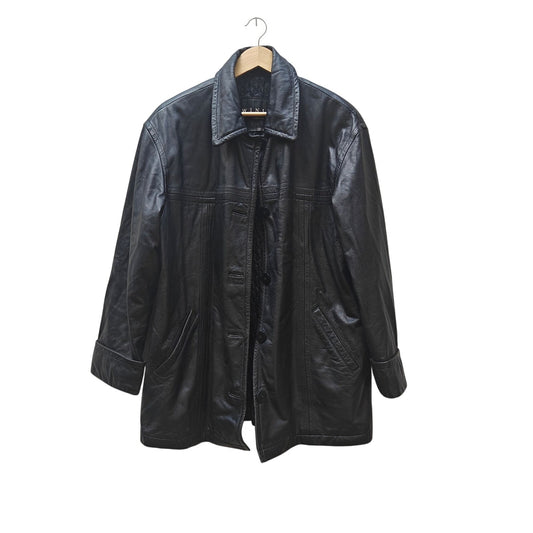 Winlit New York Genuine Leather Car Coat Black Button Front Quilted Lined Jacket (Vintage/90s)