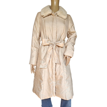 Platine Faux Fur Collar Belted Coat Champagne Gold Satin Women’s M