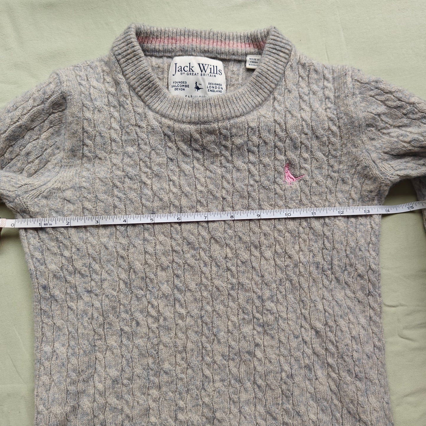 Jack Wills Cable Knit Wool Crewneck Sweater Gray w/ Pink Logo
