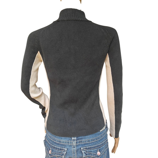 DKNY Active Colorblock Ribbed Half-Zip Sweater Top Small Black/Cream