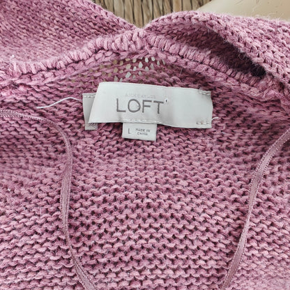 LOFT Open Front Cardigan Sweater L Dusty Rose Textured Knit Ramie Blend