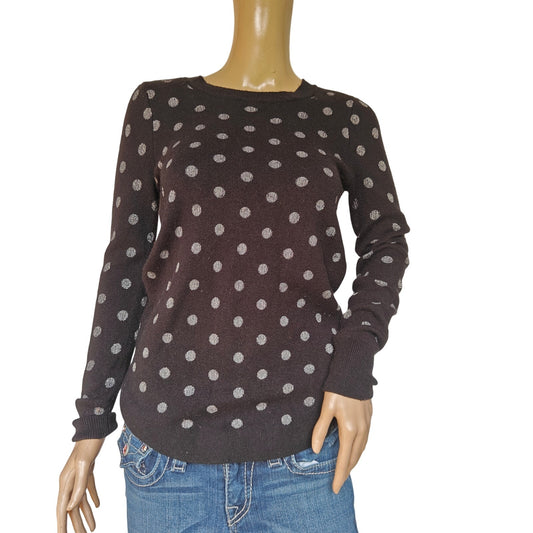 LOFT Silver Polka Dot Wool-Blend Sweater XS — Black Crewneck Long Sleeve