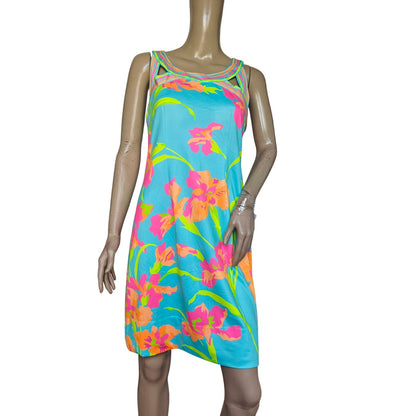 Gretchen Scott floral sleeveless shift dress M tropical turquoise pink