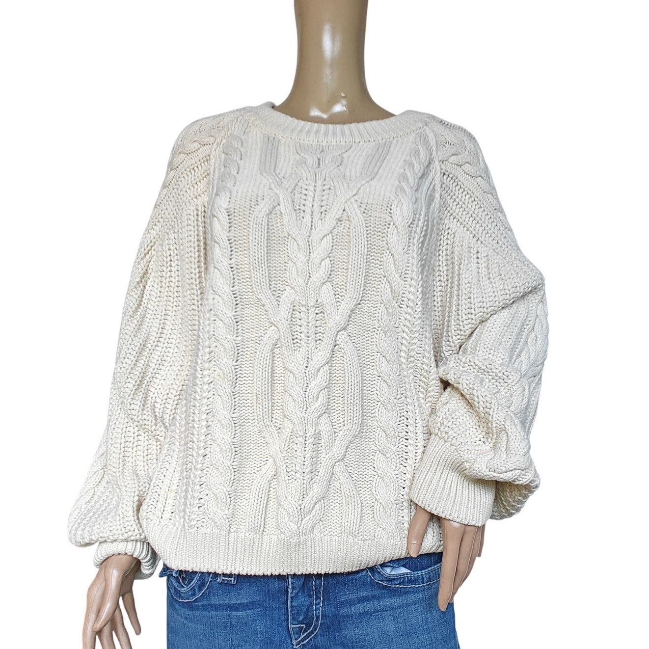 Free People Chunky Cable Knit Sweater L Cream 100% Cotton Oversized