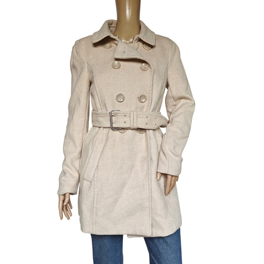 Forever 21 Belted Peacoat Beige Wool Blend Double Breasted Women M
