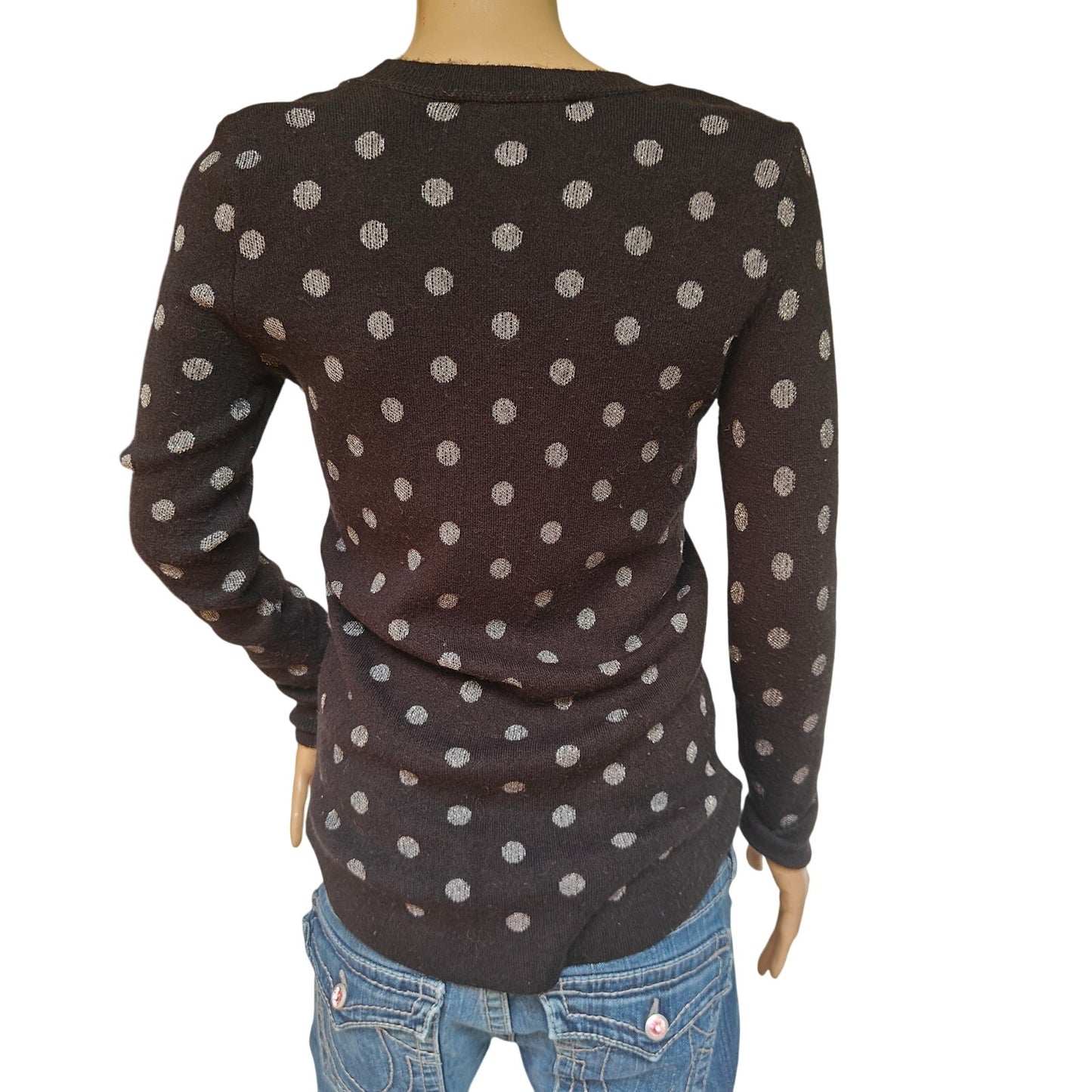 LOFT Silver Polka Dot Wool-Blend Sweater XS — Black Crewneck Long Sleeve