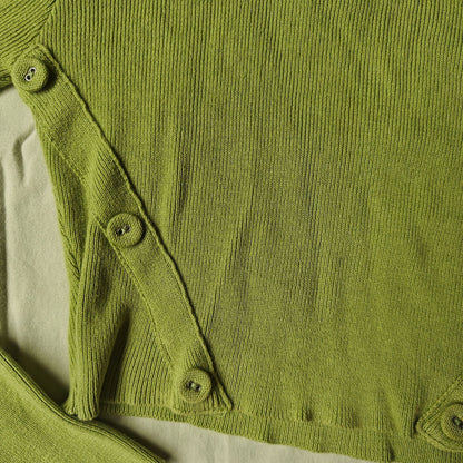 Princess Polly Ribbed Button-Detail Sweater — Chartreuse Green, Crew Neck, Long Sleeve (S/M)