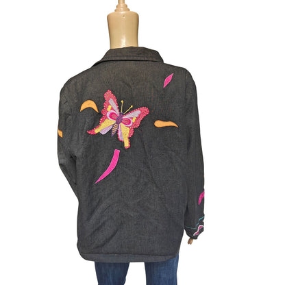 Parsley & Sage Black Embroidered Jacket Large Boho Artsy Floral Patchwork
