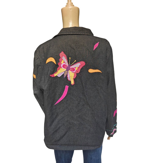 Parsley & Sage Black Embroidered Jacket Large Boho Artsy Floral Patchwork