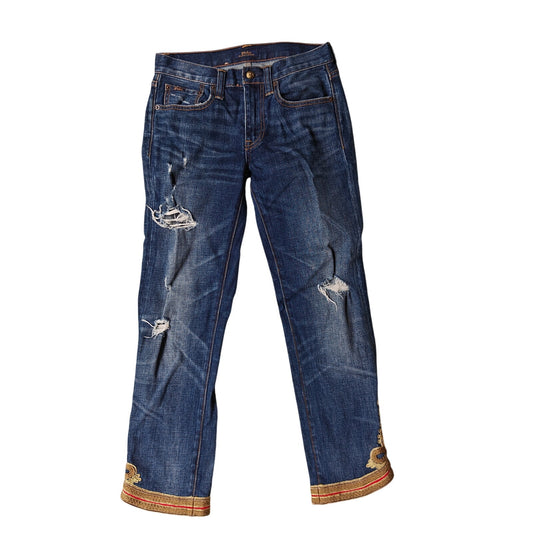 Polo Ralph Lauren Waverly Straight Crop Distressed Embroidered Jeans Sz 26