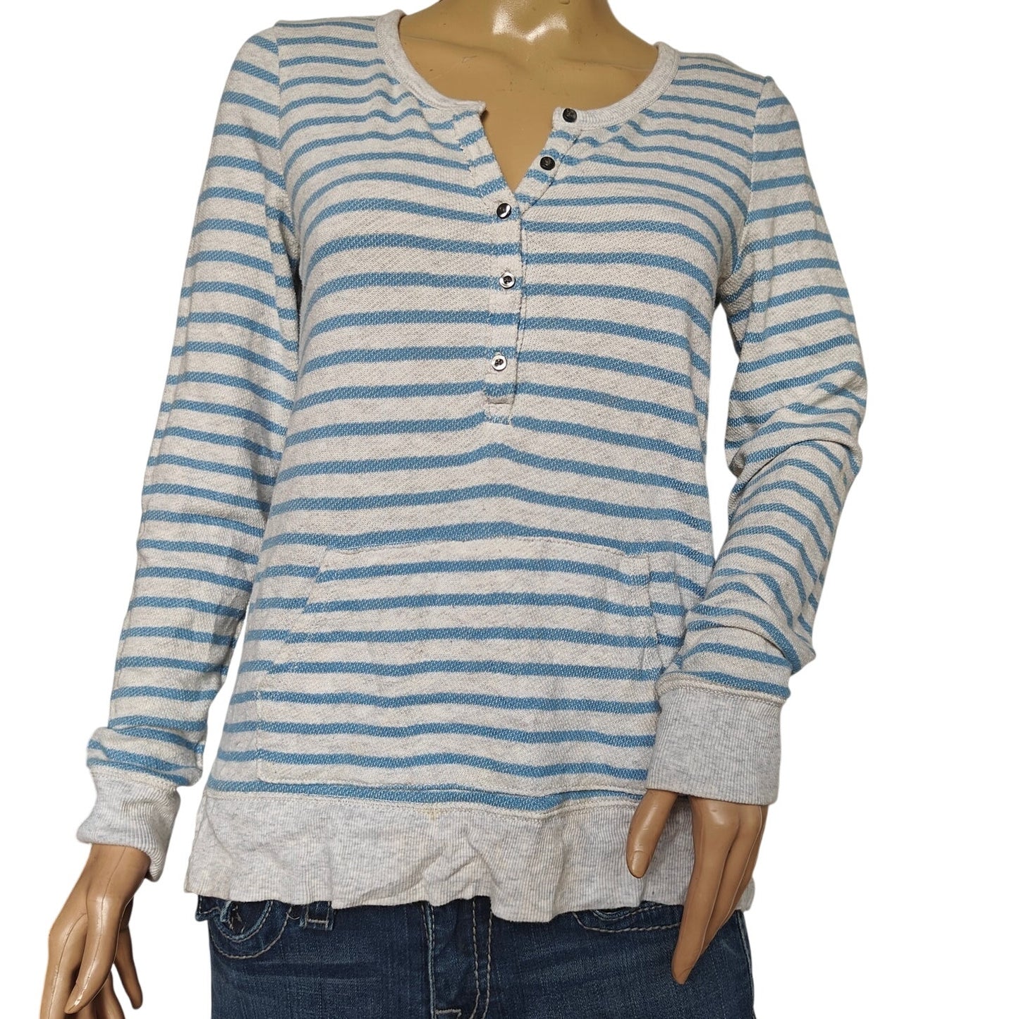Aerie Blue Stripe Henley Waffle Knit Pullover Top Women’s Small