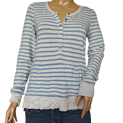 Aerie Blue Stripe Henley Waffle Knit Pullover Top Women’s Small
