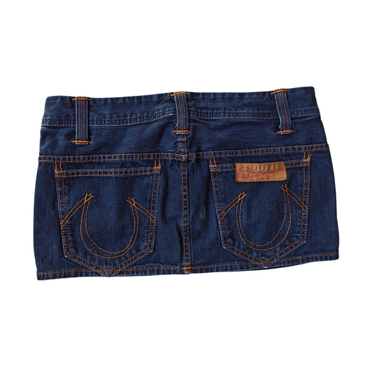 True Religion Made in USA denim mini skirt size 31, orange stitching, Y2K