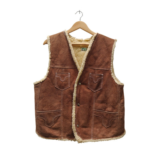 Vintage 70s Suede Leather Sherpa Vest | Western Snap Front | Made in Mexico | Brown Rancher Shearling-Style Unisex