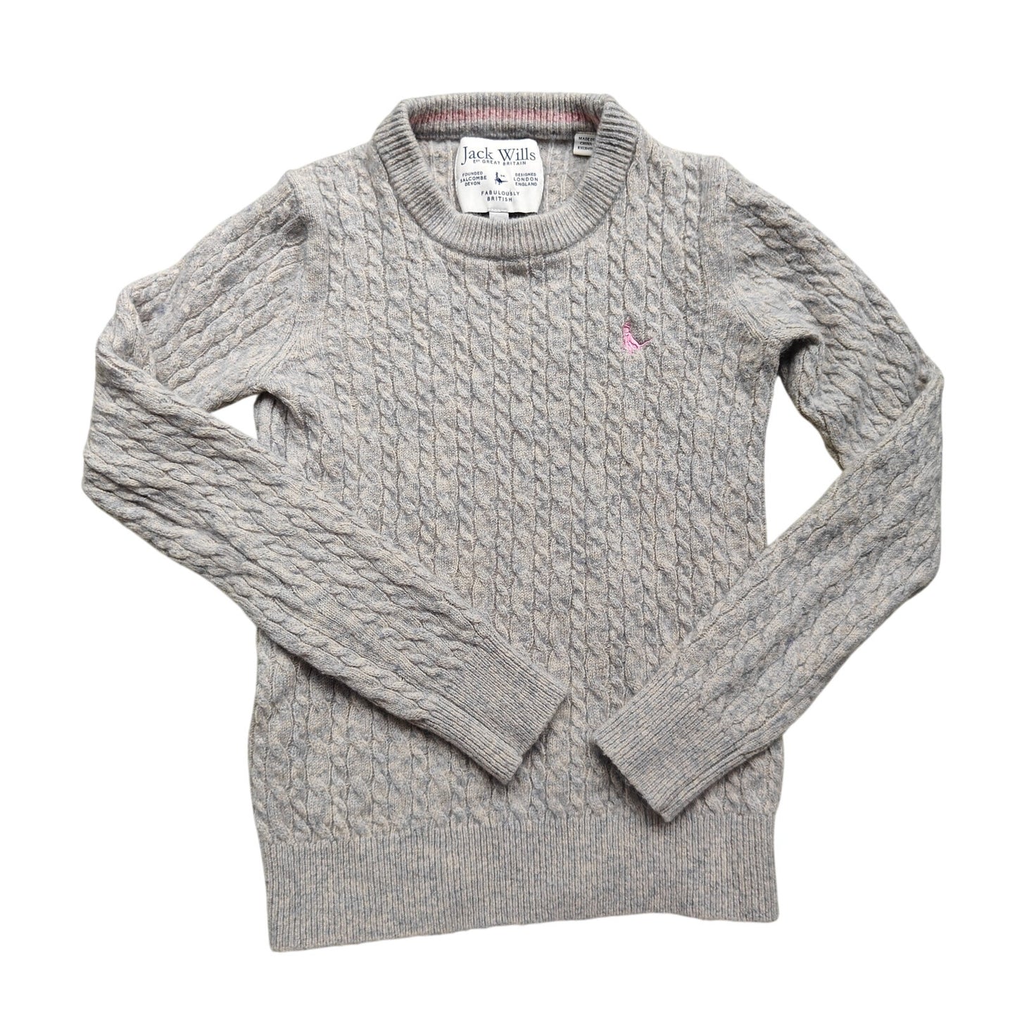 Jack Wills Cable Knit Wool Crewneck Sweater Gray w/ Pink Logo