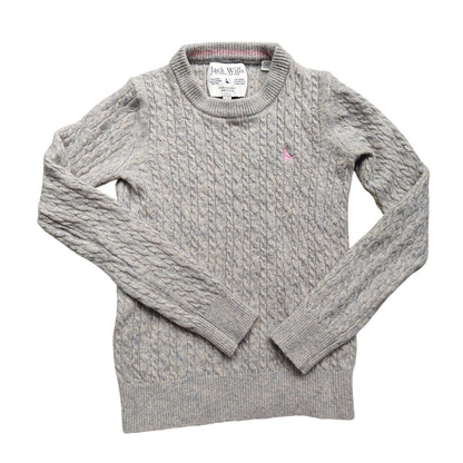 Jack Wills Cable Knit Wool Crewneck Sweater Gray w/ Pink Logo