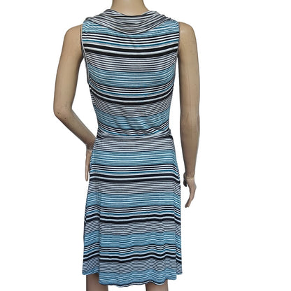 Max Studio striped knit dress M teal/black cowl neck sleeveless, stretch