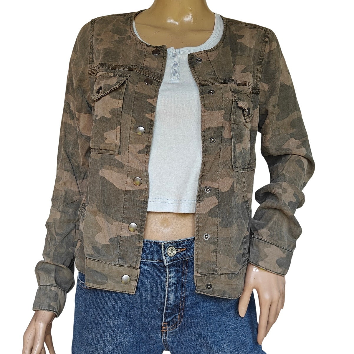 Lucky Brand Camo Lyocell Utility Jacket Snap Front Collarless Women